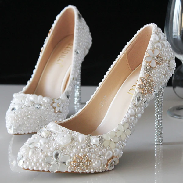 Fabuleux Ivoire Cristal Chaussure De Mariée 2021 Perle Faux Diamant 10 cm Talons Aiguilles Talons Hauts À Bout Pointu Mariage Escarpins