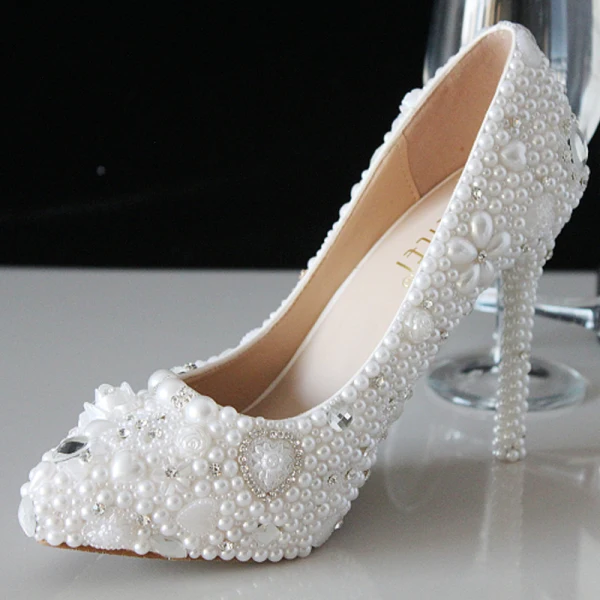 Sjarmerende Elfenben Perle Rhinestone Brudesko 2021 10 cm Stiletthæler Spisse Bryllup Pumps