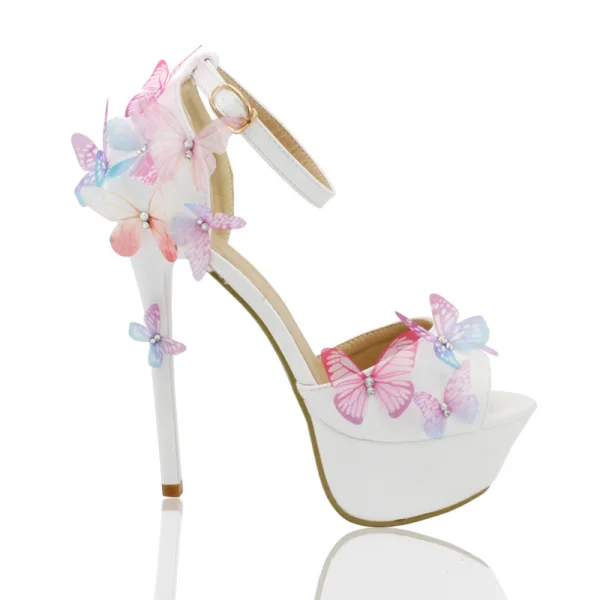 Chic / Beautiful Wedding Shoes 2018 Leather Pearl Butterfly Ankle Strap 14 cm Stiletto Heels Open / Peep Toe Wedding High Heels White