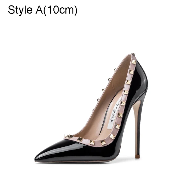 Sexy Black Evening Party Rivet Pumps 2021 Patent Leather 10 cm Stiletto Heels High Heels Pointed Toe Pumps