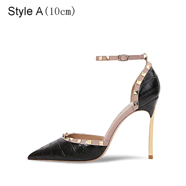 Sexy Noire Soirée Motif Alligator Sandales Femme 2021 Rivet Bride Cheville Talons Hauts 10 cm Talons Aiguilles À Bout Pointu Sandales