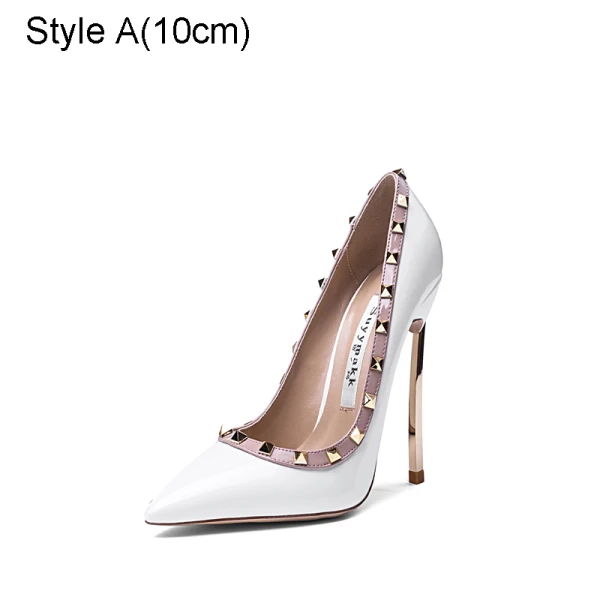 Fashion White Evening Party Rivet Pumps 2021 Patent Leather 10 cm Stiletto Heels High Heels Pointed Toe Pumps
