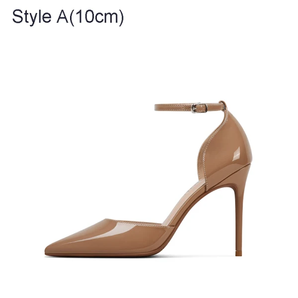 Sexy Beige Evening Party Patent Leather Womens Sandals 2021 Ankle Strap 10 cm Stiletto Heels Pointed Toe High Heels