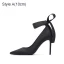 Élégant Noire Promo Satin Escarpins 2021 Bride Cheville Noeud 10 cm Talons Aiguilles Talons Hauts À Bout Pointu Escarpins