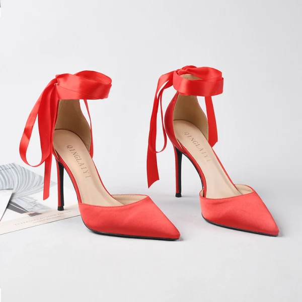 Sexy Champagne Soirée Satin Sandales Femme 2021 Bride Cheville Noeud 10 cm Talons Aiguilles Talons Hauts À Bout Pointu Sandales