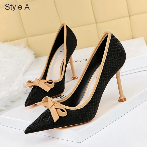 Schön Schwarz Datierung Flechten Schleife Pumps 2021 9 cm Stilettos Hochhackige Spitzschuh Pumps