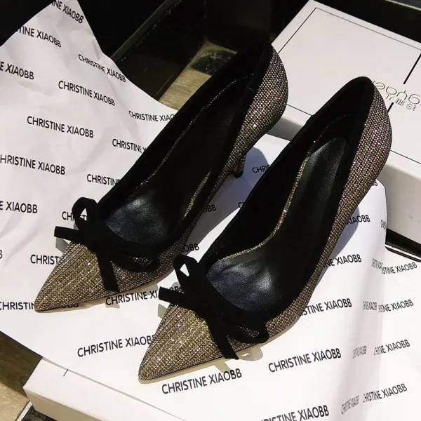 Scintillantes Noire Soirée Faux Diamant Escarpins 2021 Noeud 9 cm Talons Aiguilles À Bout Pointu Talons Hauts