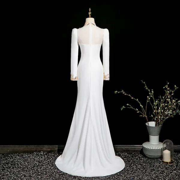 Chic / Belle Ivoire Paillettes En Dentelle Fleur Robe De Soirée 2025 Trompette / Sirène Col Haut Manches Longues Train De Balayage Soirée Robe De Ceremonie