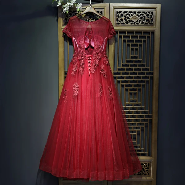 Chic / Belle Rouge Robe De Ceremonie Robe De Soirée 2017 Dentelle Fleur Perle Encolure Dégagée Manches Courtes Courte Princesse
