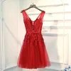 Chic / Beautiful Red Formal Dresses Evening Dresses  2017 Lace Flower Pearl Strappy V-Neck Sleeveless Short A-Line / Princess