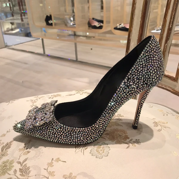 Błyszczące Czarne Wieczorowe Kryształ Czółenka 2021 Rhinestone 10 cm Szpilki Wysokie Obcasy Szpiczaste Czółenka