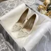 Elegante Champagner Perle Strass Brautschuhe 2021 Satin Hochhackige 10 cm Spitzschuh Hochzeit Pumps Thick Heels