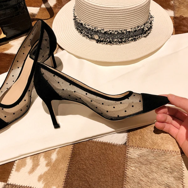 Chic / Beautiful Black Dating See-through Spotted Pumps 2021 8 cm Stiletto Heels High Heels Pointed Toe Pumps