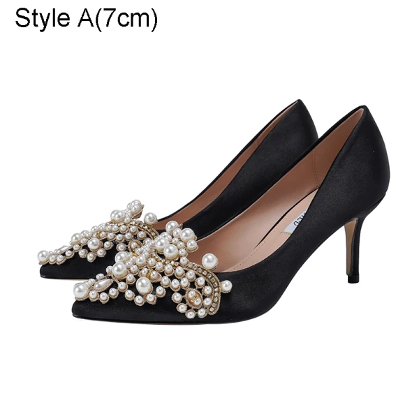 Elegante Schwarz Abend Perle Strass Pumps 2021 Satin Hochhackige 7 cm Stilettos Spitzschuh Pumps
