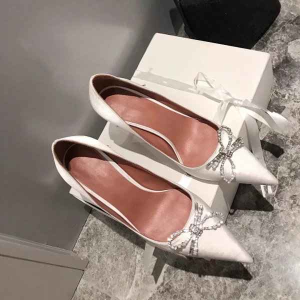 Charming Black Silk Satin Evening Party Pumps 2021 Bow Rhinestone High Heels 10 cm Stiletto Heels Pointed Toe Pumps