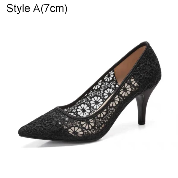 Sexy Black Hall Lace Flower Pierced Pumps 2021 Tulle 7 cm Stiletto Heels Pointed Toe High Heels