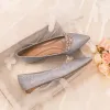 Scintillantes Doré Faux Diamant Paillettes Plate Chaussure De Mariée 2021 À Bout Pointu Mariage Talons