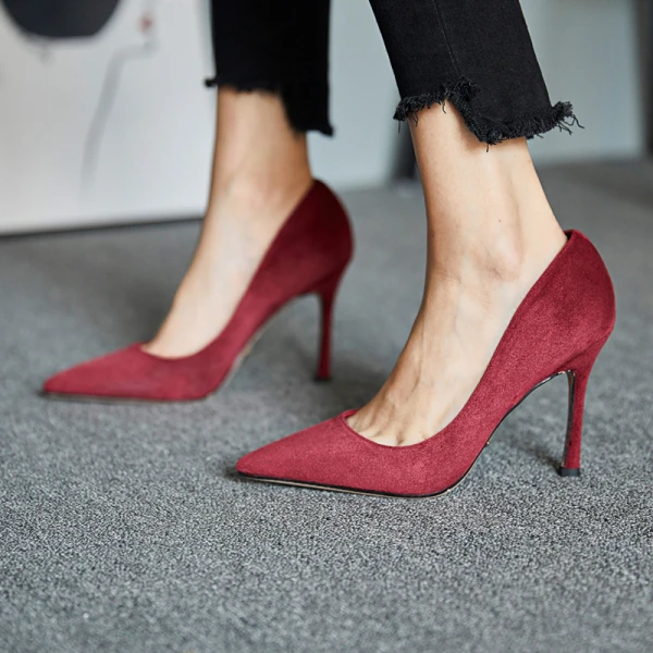 Modest / Simple Burgundy Office OL Suede Pumps 2021 10 cm Stiletto Heels Pointed Toe High Heels