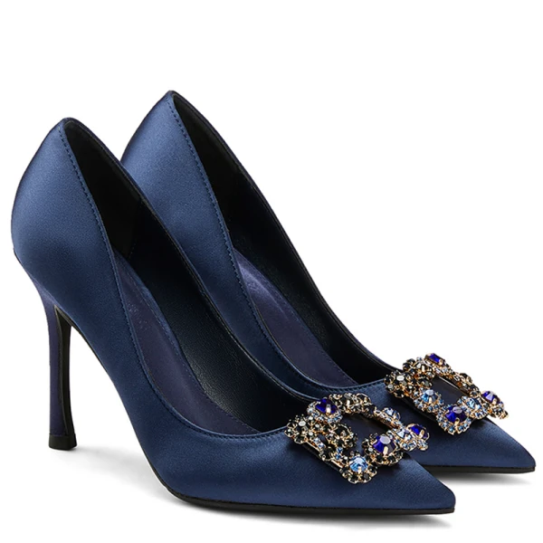 Elegant Dark Green Prom Satin Rhinestone Pumps 2021 10 cm Stiletto Heels Pointed Toe High Heels