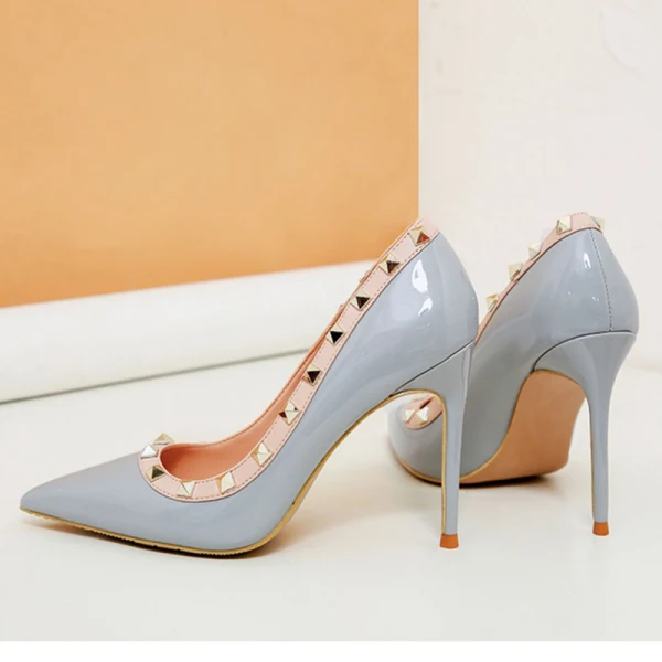 Charming Black Evening Party Rivet Pumps 2021 Leather 10 cm Stiletto Heels High Heels Pointed Toe Pumps