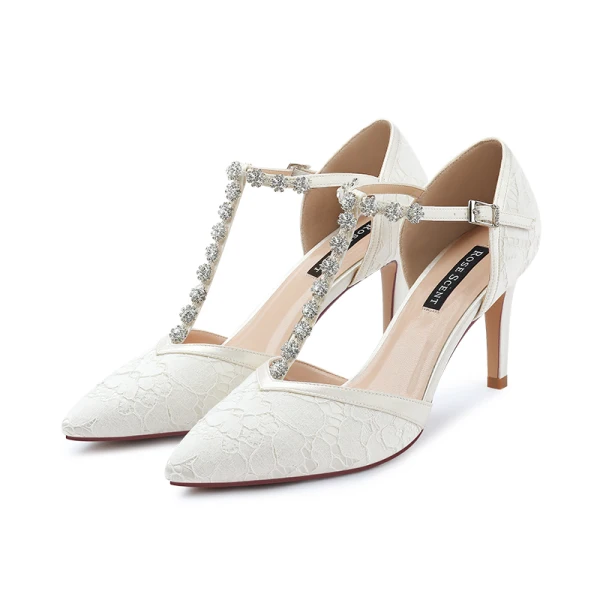 Charming Ivory Satin Wedding Shoes 2021 Rhinestone T-Strap 8 cm Stiletto Heels Pointed Toe Wedding High Heels