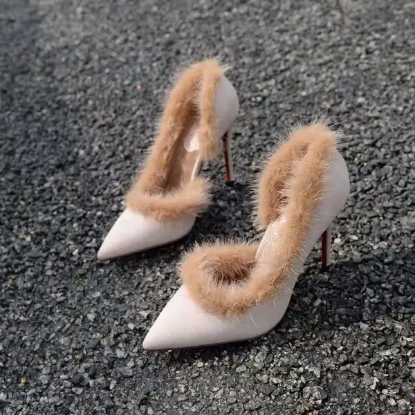Schöne Schwarz Strassenmode Plüsch Wildleder Damenschuhe 2021 10 cm Stilettos Spitzschuh Offene Seite Hochhackige