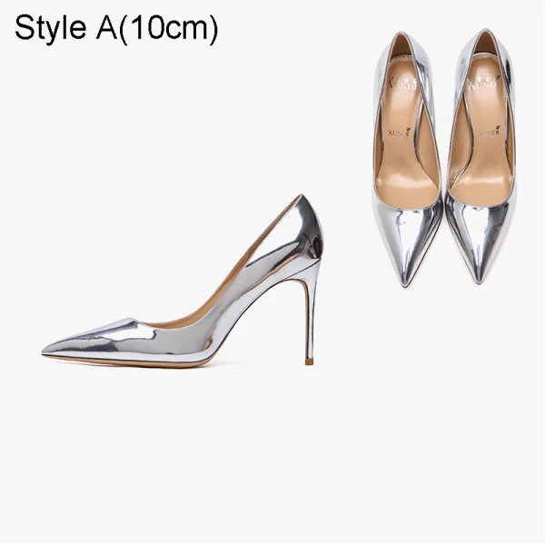 Mode Argenté Cocktail Cuir Escarpins 2021 Cuir Verni 10 cm Talons Aiguilles Talons Hauts À Bout Pointu Escarpins