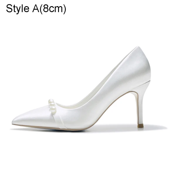 Elegante Ivory / Creme Satin Perle Brautschuhe 2021 8 cm Stilettos Hochhackige Spitzschuh Hochzeit Pumps