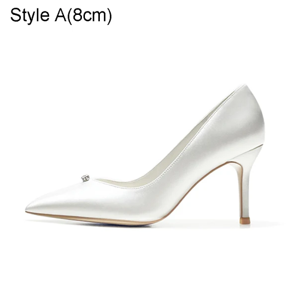 Elegant Modest / Simple Ivory Rhinestone Wedding Shoes 2021 Satin Leather 8 cm Stiletto Heels Pointed Toe Wedding Pumps High Heels