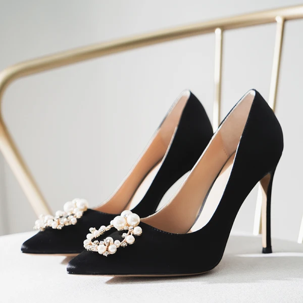 Mooie / Prachtige Champagne Huwelijk Bruidsmeisjes Pumps 2021 Parel Rhinestone Satijn 10 cm Naaldhakken / Stiletto Spitse Neus Hoge Hakken Pumps