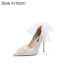 Charmig Glittrande Silver Rhinestone Pärla Brudskor 2021 Rosett Läder 10 cm Stilettklackar Spetsiga Bröllop Högklackade Pumps