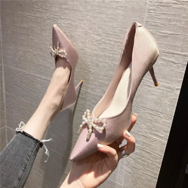 Elegant Beige Evening Party Bow Pearl Pumps 2021 7 cm Stiletto Heels High Heels Pointed Toe Pumps