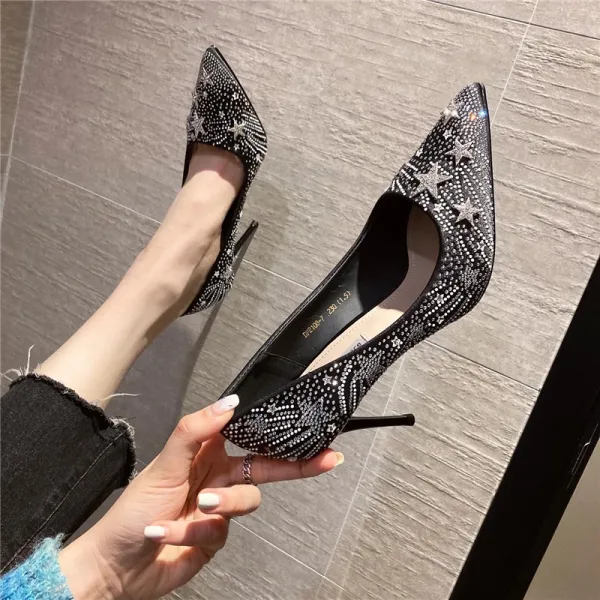 Charmant Noire Soirée Étoile Faux Diamant Escarpins 2021 8 cm Talons Aiguilles Talons Hauts À Bout Pointu Escarpins