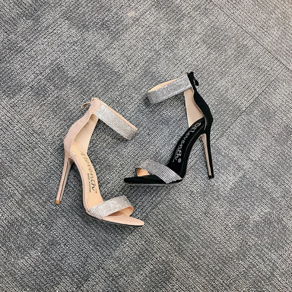Sexy Schwarz Abend Strass Sandalen Damen 2021 Knöchelriemen 11 cm Stilettos Peeptoes Hochhackige