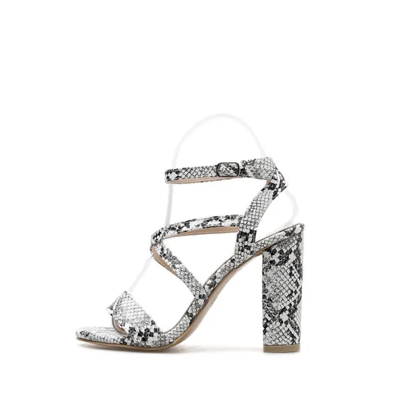 Fashion White Street Wear Snakeskin Print Womens Sandals 2021 Ankle Strap 10 cm Thick Heels Open / Peep Toe High Heels