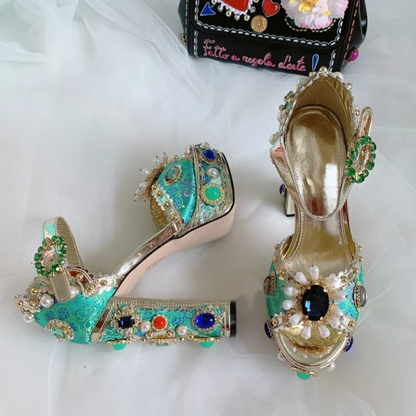 Luxus / Herrlich Barocke Braun Perle Strass Ball Sandalen Damen 2021 Leder Wasserdichte Knöchelriemen 14 cm Thick Heels Peeptoes Hochhackige