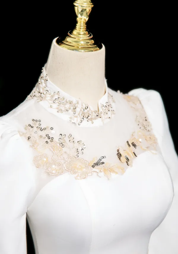 Chic / Belle Ivoire Paillettes En Dentelle Fleur Robe De Soirée 2025 Trompette / Sirène Col Haut Manches Longues Train De Balayage Soirée Robe De Ceremonie