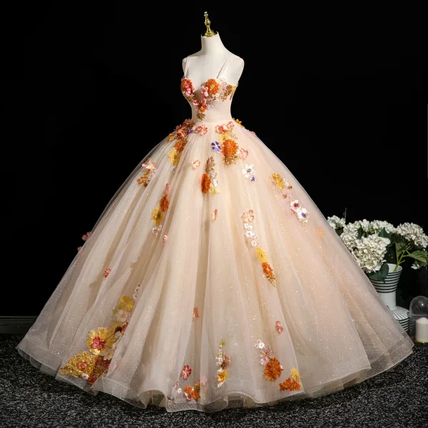 Flower Fairy Champagne Lace Flower Appliques Prom Dresses 2025 Ball Gown Spaghetti Straps Sleeveless Backless Formal Dresses