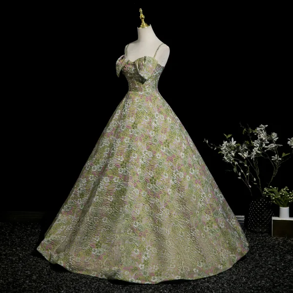 Flower Fairy Sage Green Pearl Rhinestone Lace Flower Floral Prom Dresses 2025 Ball Gown Spaghetti Straps Sleeveless Backless Floor-Length / Long Formal Dresses