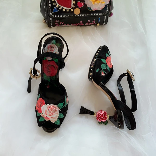 Vintage / Retro High-end Black Pageant Womens Sandals 2021 Leather Embroidered Ankle Strap 10 cm Stiletto Heels Open / Peep Toe High Heels