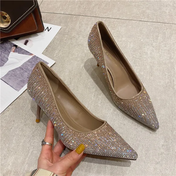Sparkly Gold Rhinestone Evening Party Pumps 2021 7 cm Stiletto Heels High Heels Pointed Toe Pumps