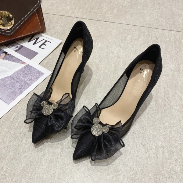 Schöne Schwarz Durchsichtige Ball Pumps 2021 Strass Schleife 7 cm Stilettos Hochhackige Spitzschuh Pumps