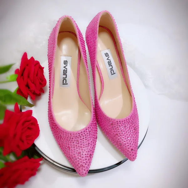 Charmant Pink Cocktail Strass Pumps 2021 7 cm Stilettos Spitzschuh Hochhackige