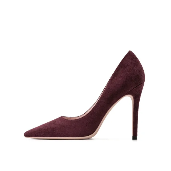 Schöne Burgunderrot Abend Leder Wildleder Pumps 2021 10 cm Stilettos Hochhackige Spitzschuh Pumps