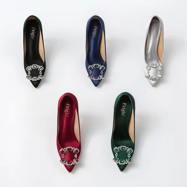 Mode Dunkelgrün Satin Ball Strass Pumps 2021 10 cm Stilettos Hochhackige Spitzschuh Pumps