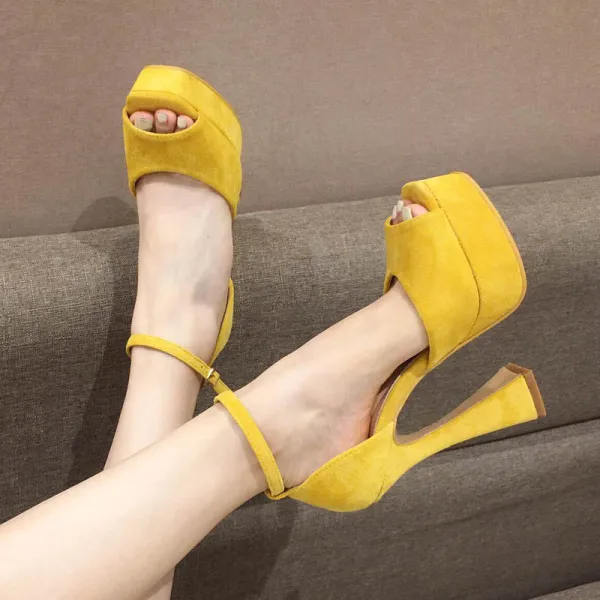 Fashion Black Street Wear Womens Sandals 2021 Ankle Strap 11 cm Thick Heels Open / Peep Toe High Heels Sandals