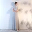 Elegant Chinese style Silver Evening Dresses  2018 A-Line / Princess Appliques Lace Sequins Sash High Neck Backless Sleeveless Floor-Length / Long Formal Dresses