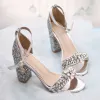 Sexy Silver Rhinestone Sequins Wedding Shoes 2021 Ankle Strap 9 cm Thick Heels Open / Peep Toe Wedding High Heels
