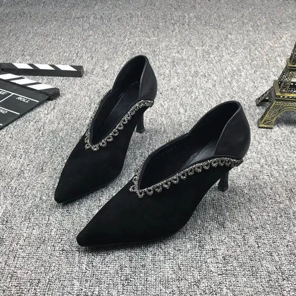 Vintage Schwarz Freizeit Leder Strass Pumps 2021 7 cm Stilettos Hochhackige Spitzschuh Pumps