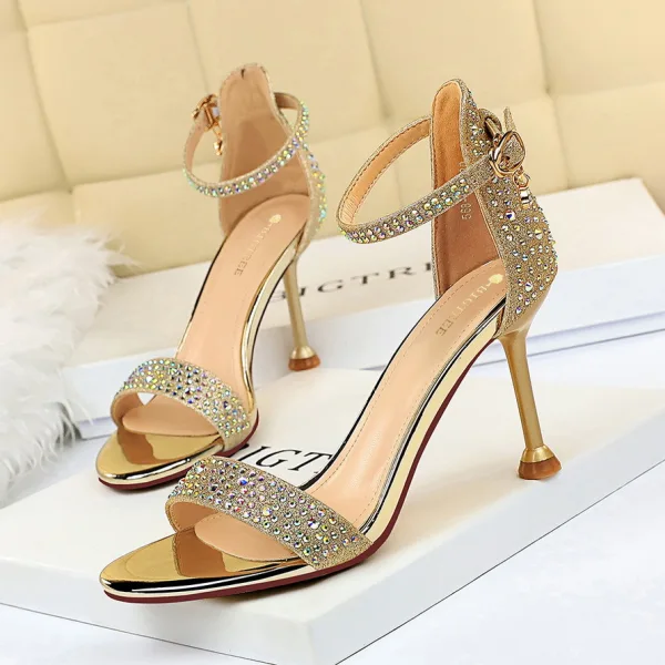 Sexy Argenté Soirée Faux Diamant Sandales Femme 2021 Bride Cheville 8 cm Talons Aiguilles Peep Toes / Bout Ouvert Talons Hauts Sandales